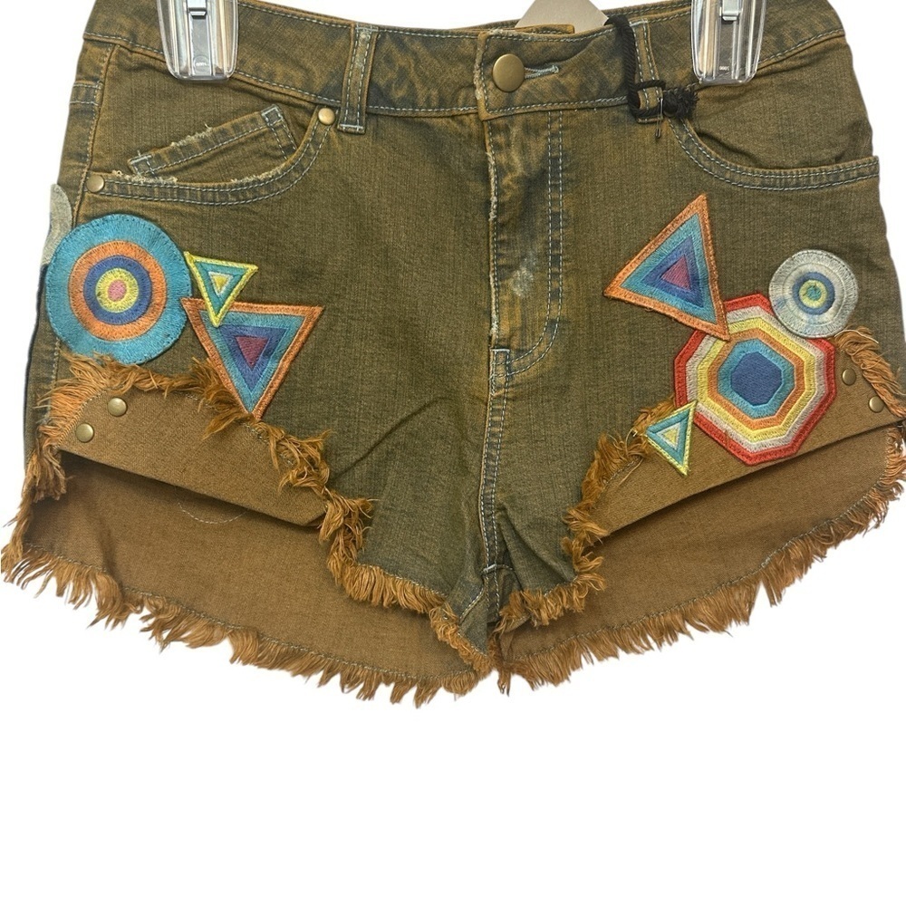 Chaser Embroidered Brown Denim Shorts NWT